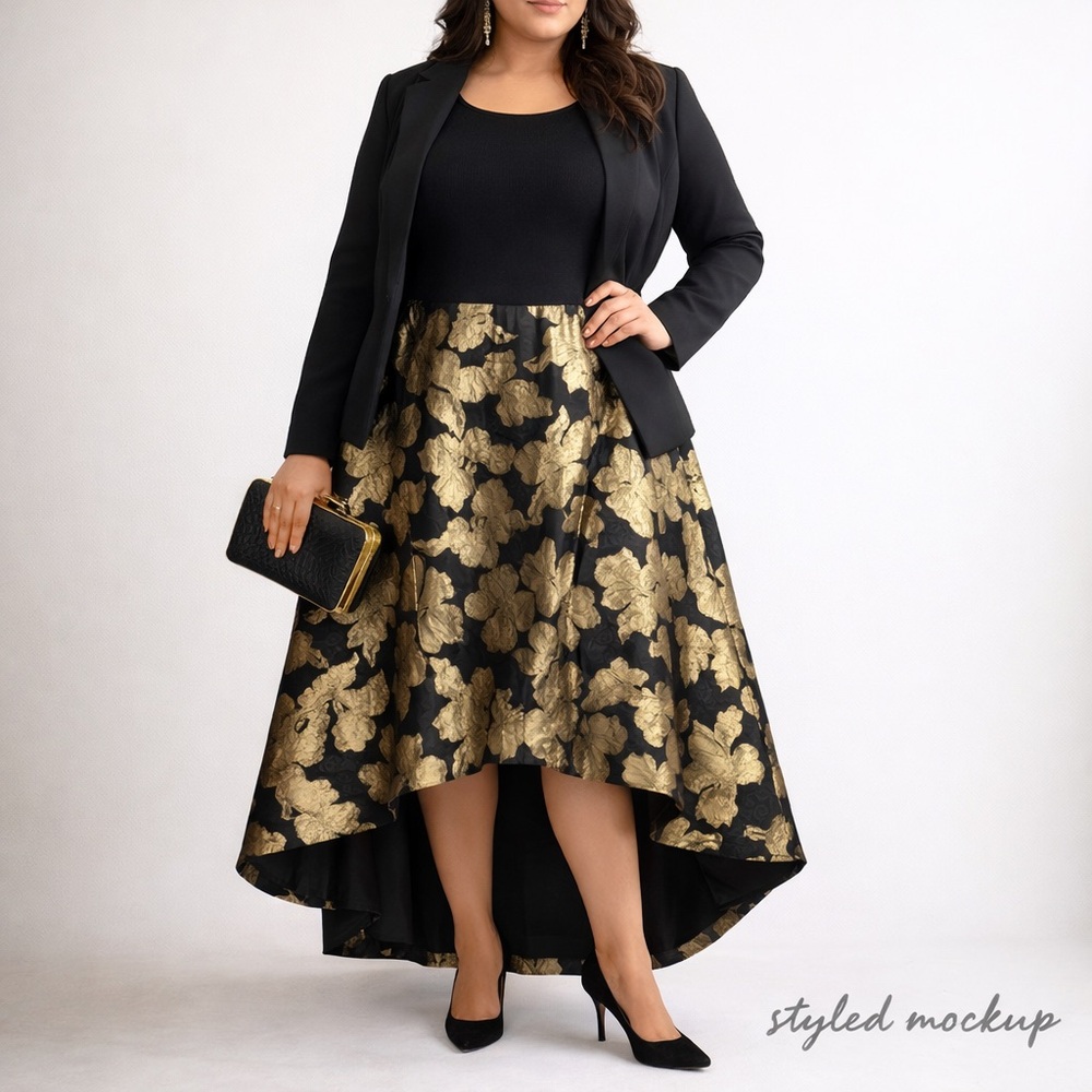 Carmen Marc Valvo Black and Gold High-Low dress plus